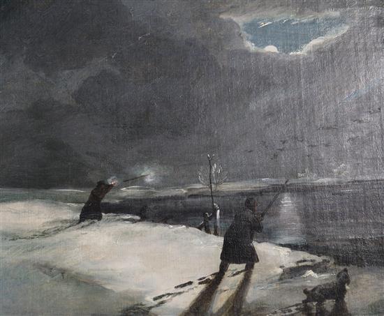 After Cornelius David Krieghoff (1812-1872) Shooting geese by moonlight 10 x 12in., unframed